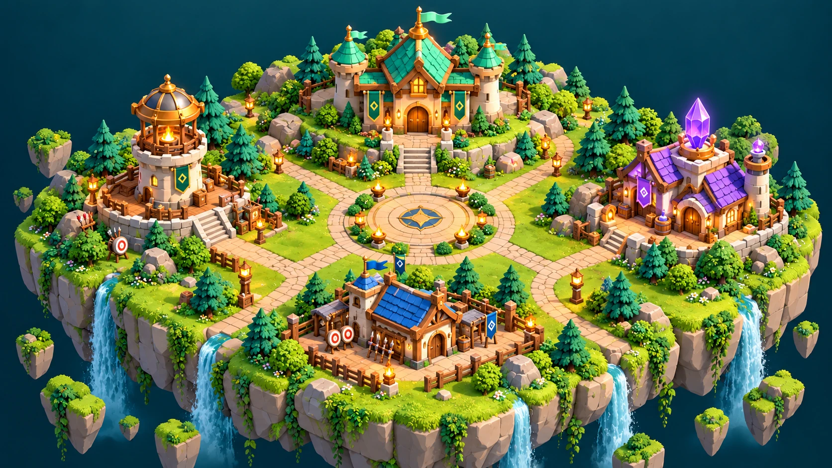 A detailed floating strategy village: mint HYPE castle, amber BTC tower, violet ETH laboratory and blue SOL barracks